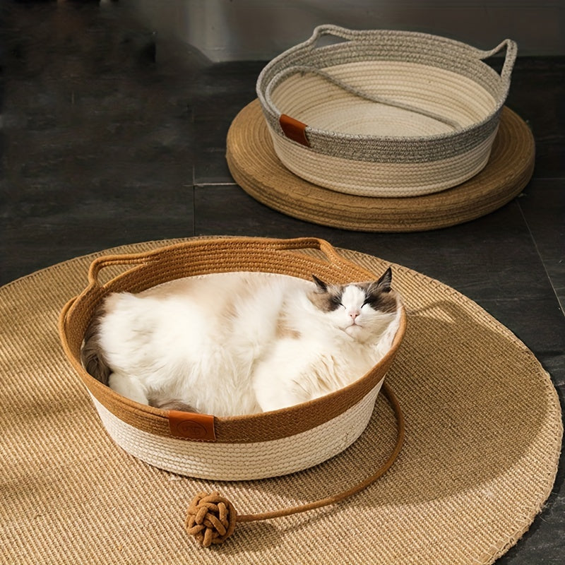 1pc Cozy Round Rattan Cat Bed - Hand-Woven, Soft, Breathable, and Durable - Perfect for Small Cats, Puppies, and Kittens - Round Mat, Puppy Bed, and Cat Basket
