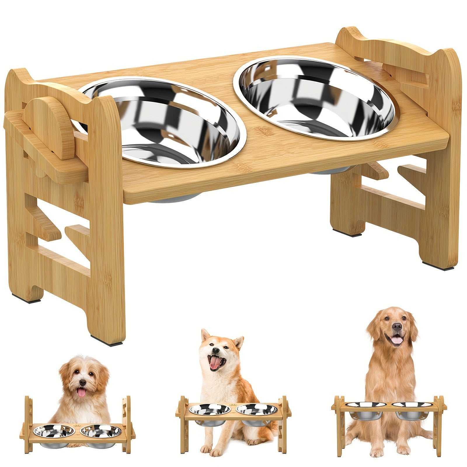Adjustable Elevated Dog Bowl for Small Dogs and Cats, Durable Bamboo Dog Feeder with 2 Stainless Steel Bowls