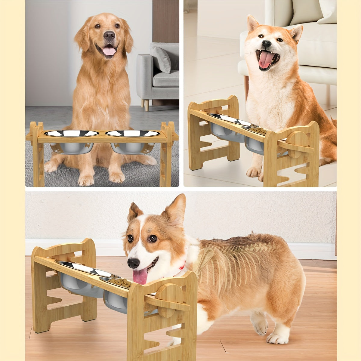 Adjustable Elevated Dog Bowl for Small Dogs and Cats, Durable Bamboo Dog Feeder with 2 Stainless Steel Bowls