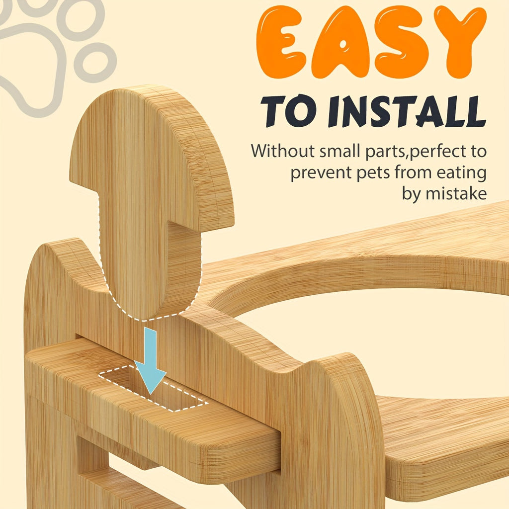Adjustable Elevated Dog Bowl for Small Dogs and Cats, Durable Bamboo Dog Feeder with 2 Stainless Steel Bowls