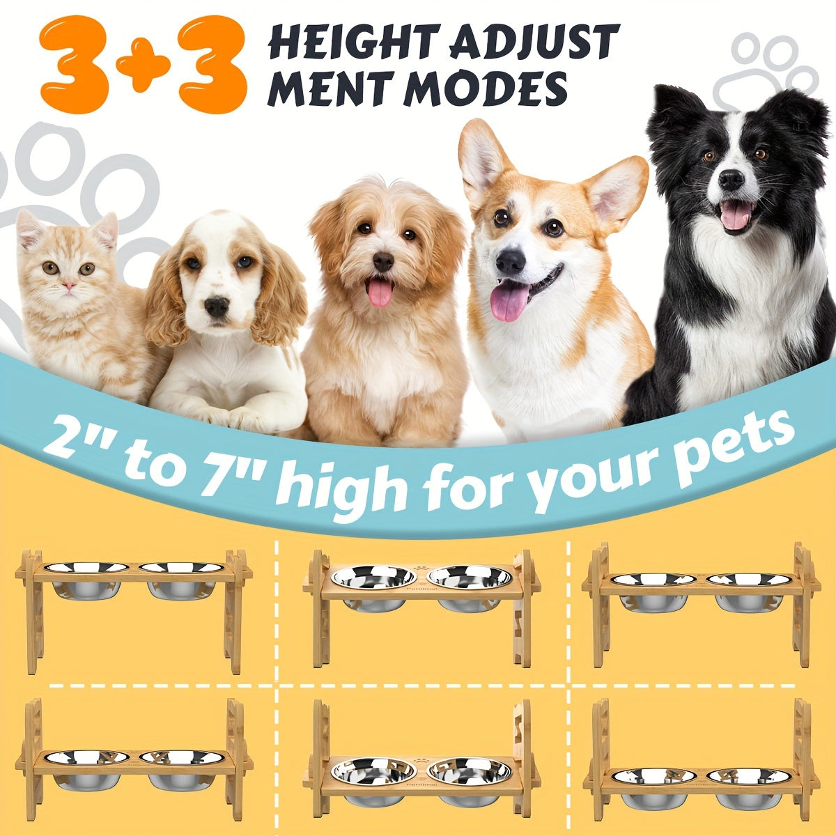 Adjustable Elevated Dog Bowl for Small Dogs and Cats, Durable Bamboo Dog Feeder with 2 Stainless Steel Bowls