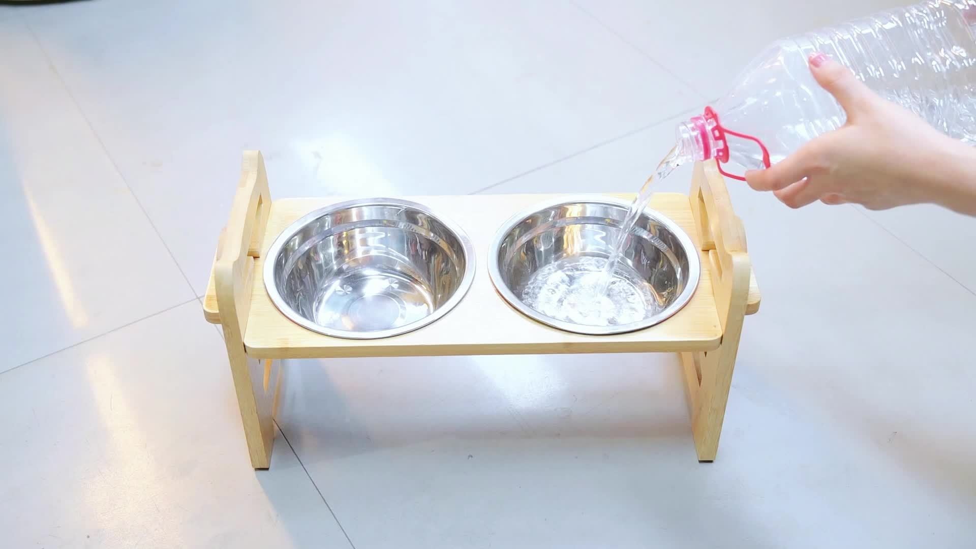 Adjustable Elevated Dog Bowl for Small Dogs and Cats, Durable Bamboo Dog Feeder with 2 Stainless Steel Bowls